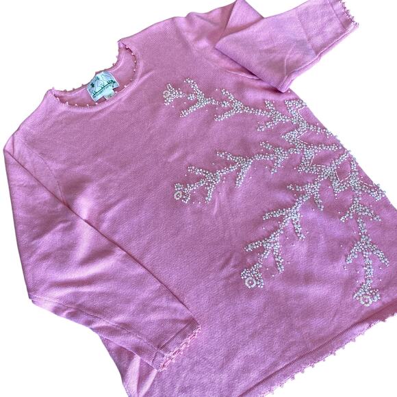 Vintage 90's Quacker Factory Women's Pink Snowflake Beaded Knit Sweater 1X - Picture 1 of 10